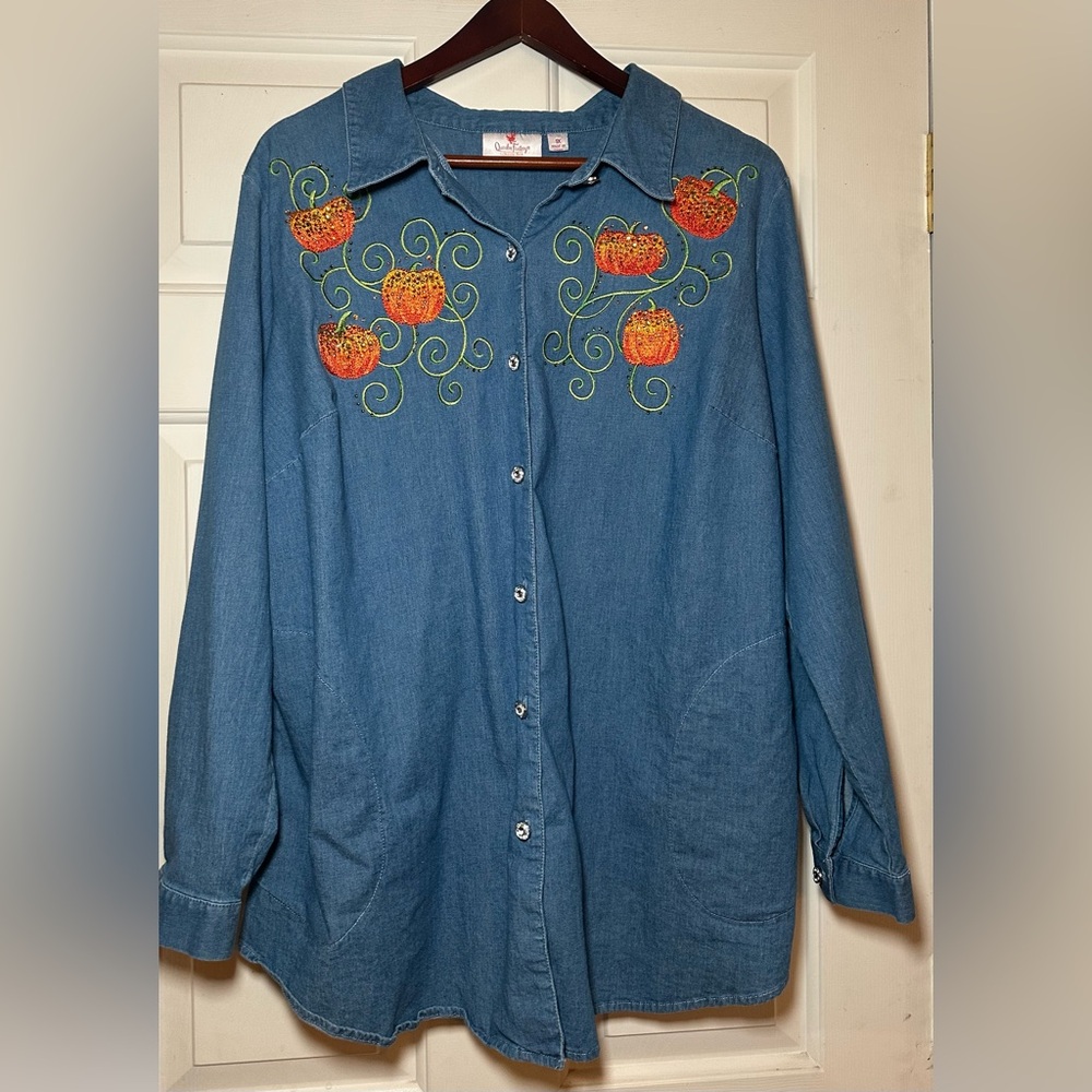 Quacker Factory Denim Button Front Top Shirt Size 1X Pumpkin‎ Halloween Fall.